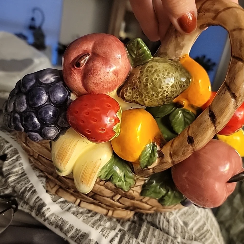 Vtg Empress by Haruta Magolica Hand  Painted‎ Fruit Basket Hanging Ceramic 10